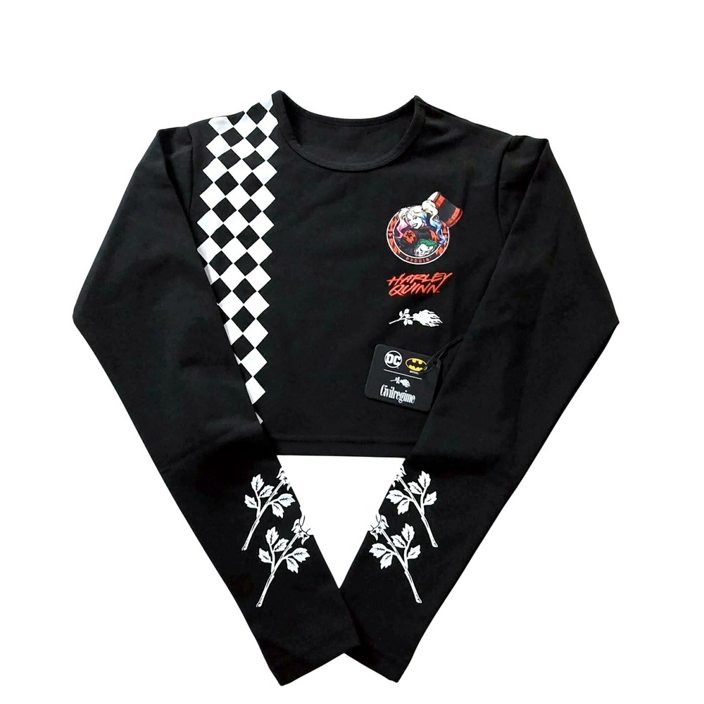 Civil Regime Black Harley Quinn Joker Graphic Long Sleeve Crop Top Womens Size S
